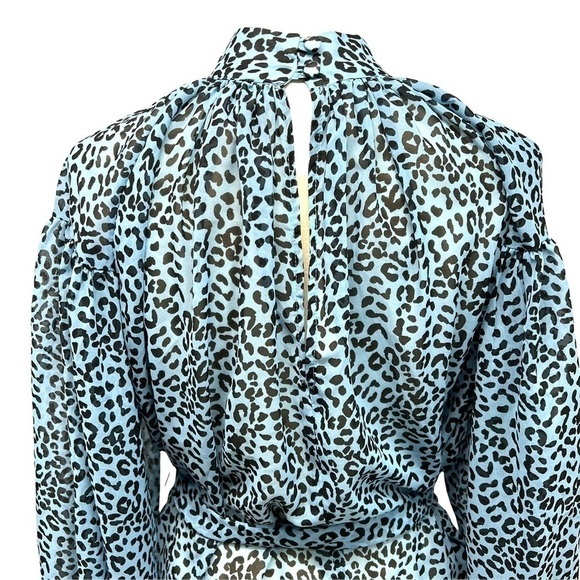 ASOS Blue Animal Print Belted Puff Sleeve Sheer Blouse - Picture 7 of 13